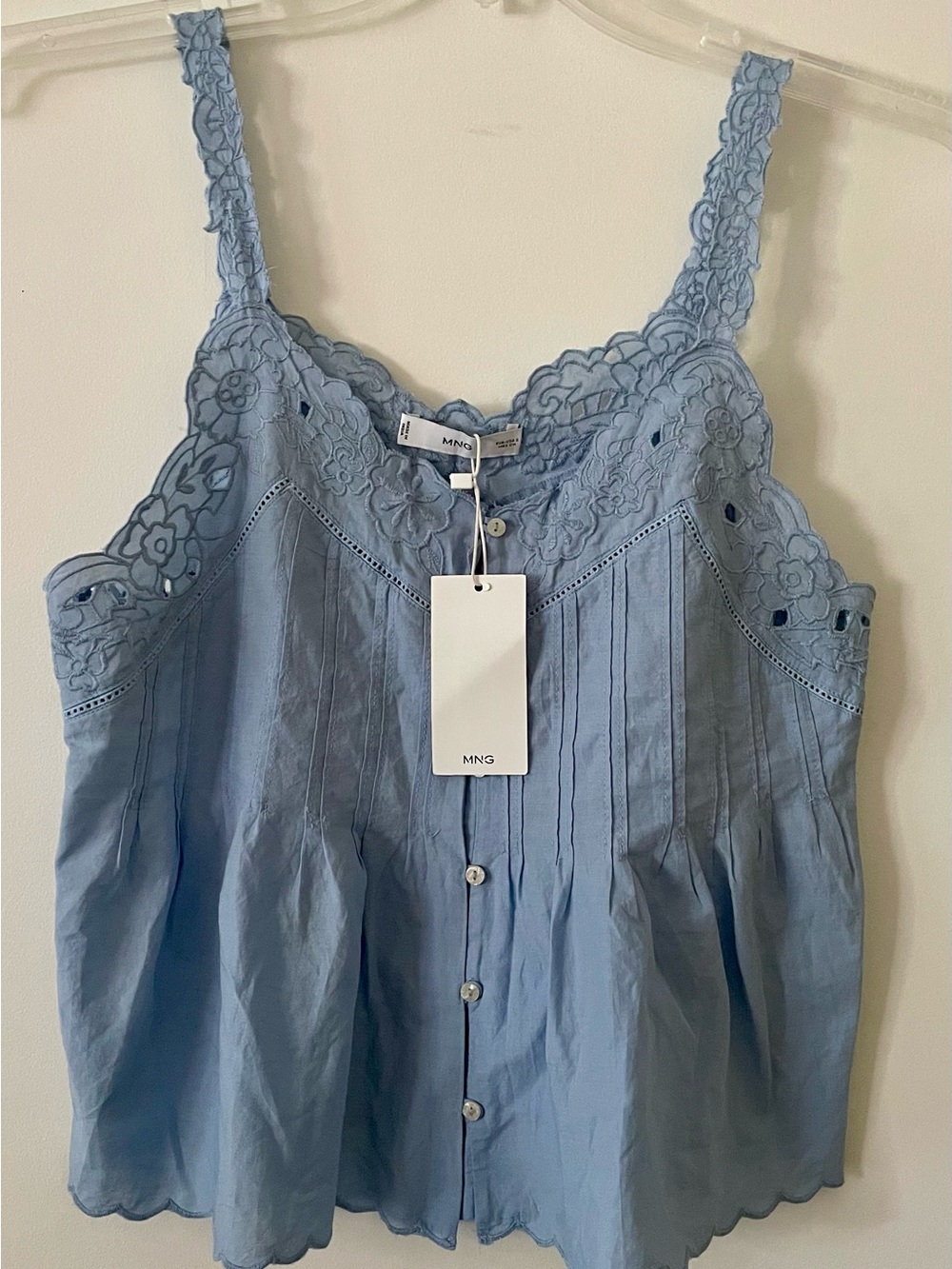 MNG Size Small Mango Light Blue Lace-Trim Button-Front Cami Top Scalloped Edge